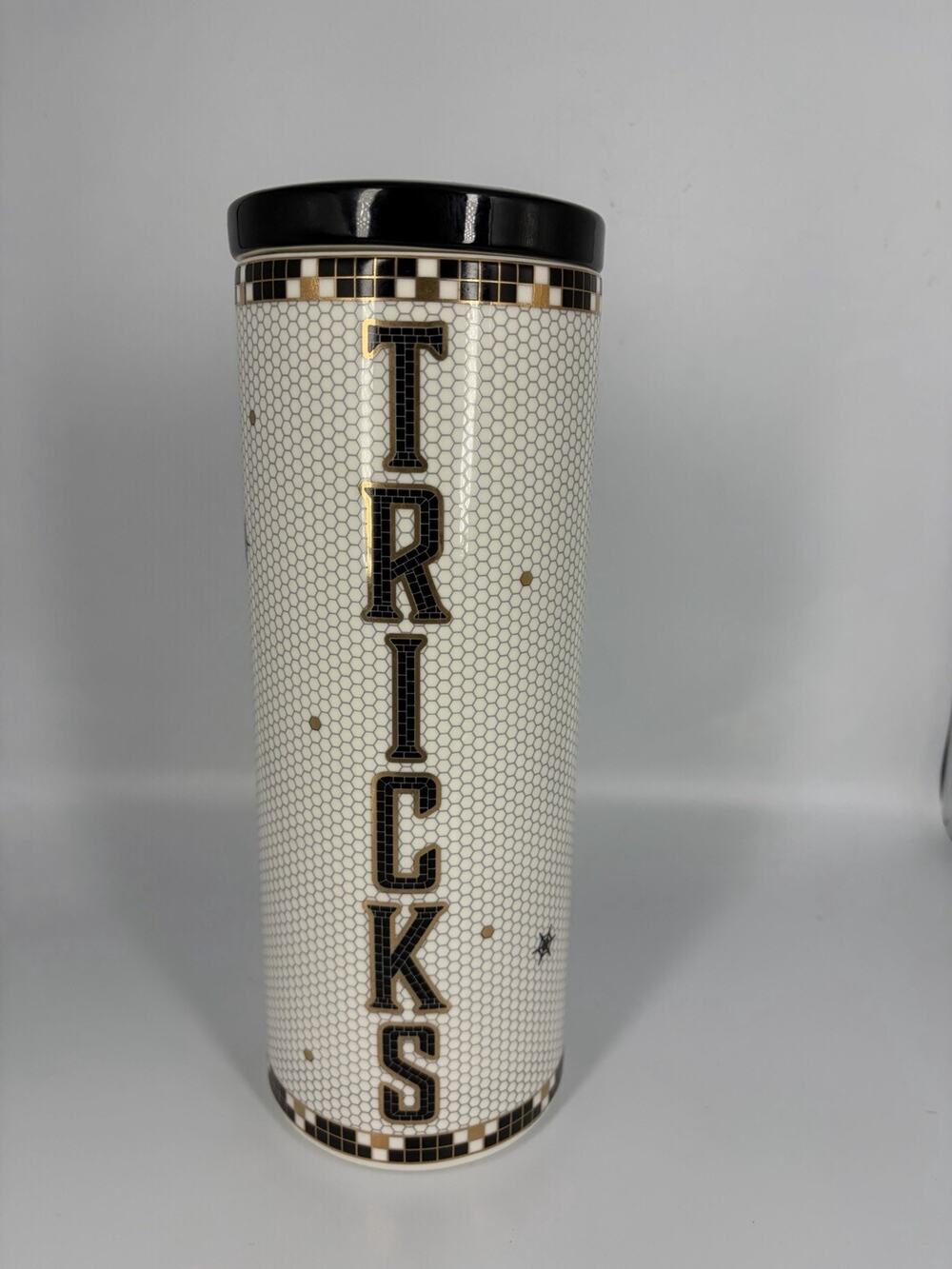 Anthropologie Bistro Tile Stoneware 24k Gold Accent Halloween Canister